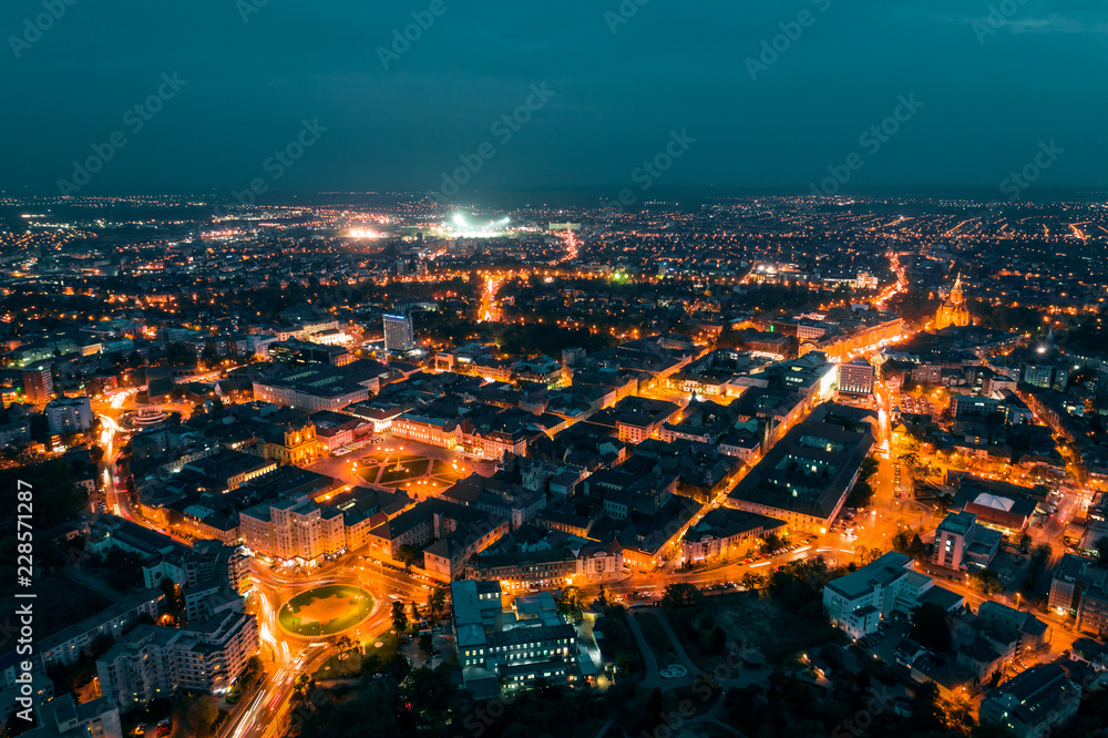 Fall Fearless Blueprint Old town Timisoara with beautiful city lights at blue hour - aerial view  taken by a professional drone Stock Photo | Adobe Stock
