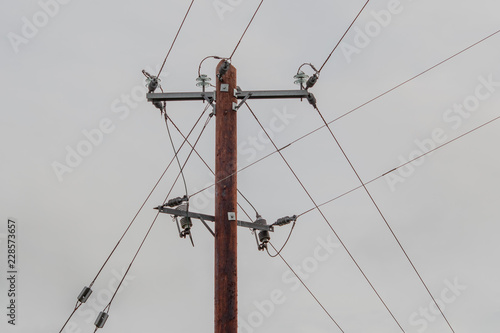 Brown Electricity Pole with Wires and Insulators
