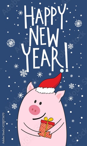 Greeting New Year card with pig in cartoon style