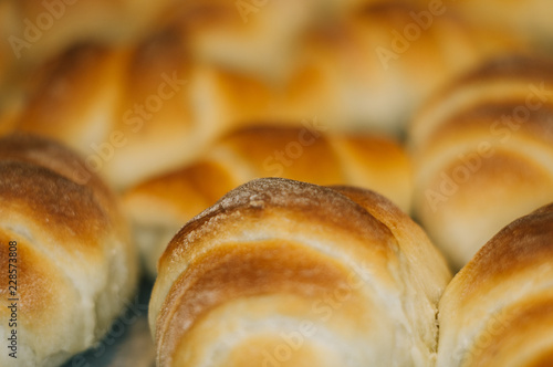 Homemade croissants with sweet filling, close up photo