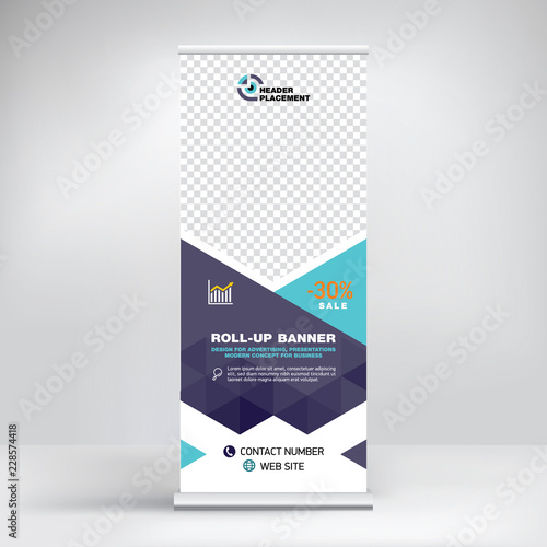 
Roll-up banner design, background for placing advertising information. Template for exhibitions, presentations, conferences, seminars, modern abstract style for the promotion of goods and services
