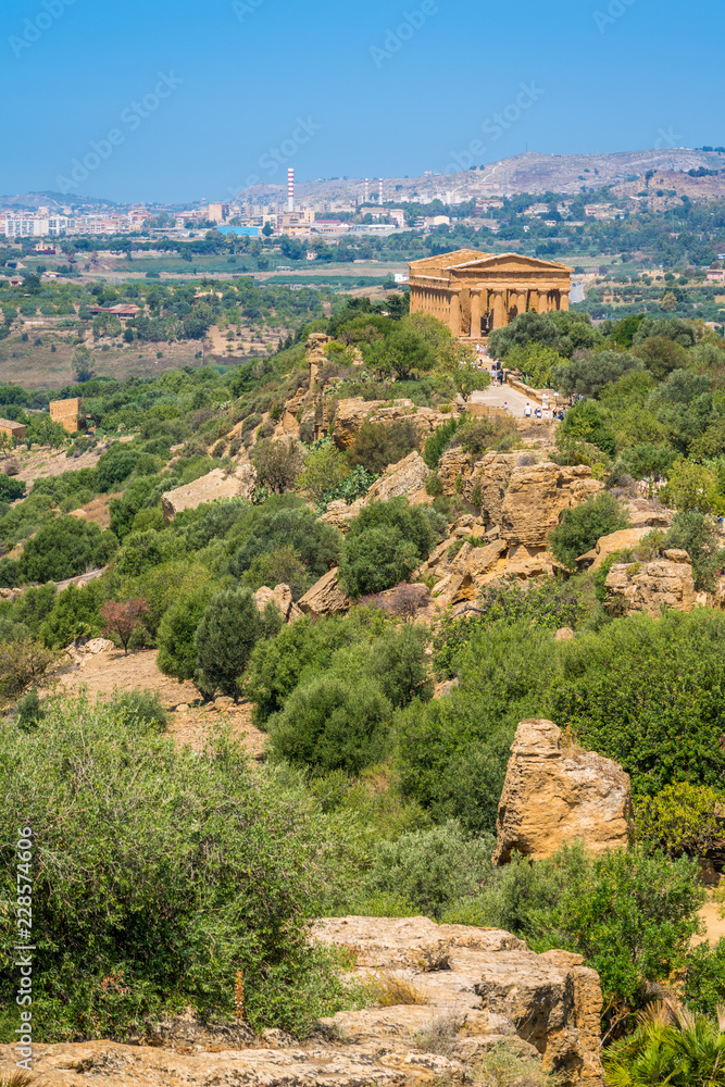 Panoramic view with the Temple of Concordia, in the Valley of the Temples. Agrigento, Sicily, southern Italy.