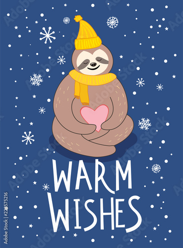 Winter greeting card with cute sloth in cartoon style