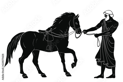 Hercules abducts the horses of Diomedes. 12 exploits of Hercules. Figure isolated on white background.