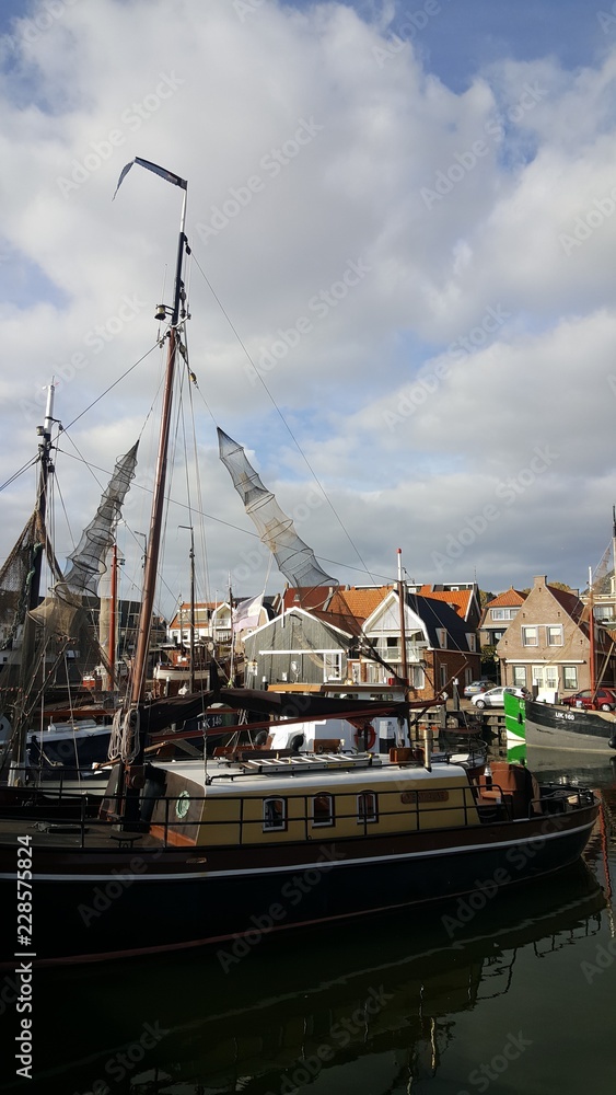 Fish nets hanging at harbor of Urk, Netherlands