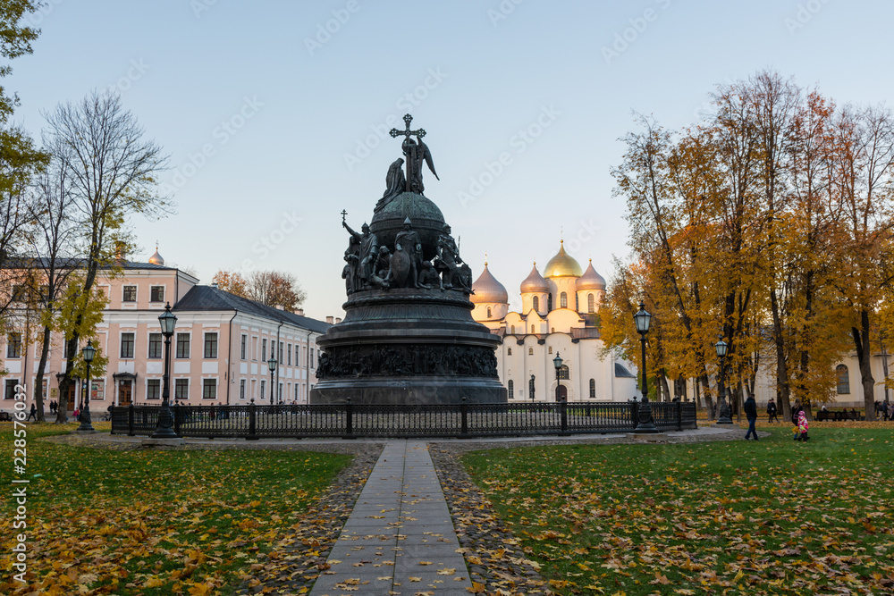 Veliky Novgorod.Russia.Monument to the Millennium of Russia and cathedral St. Sophia .Novgorod Kremlin.Autumn view