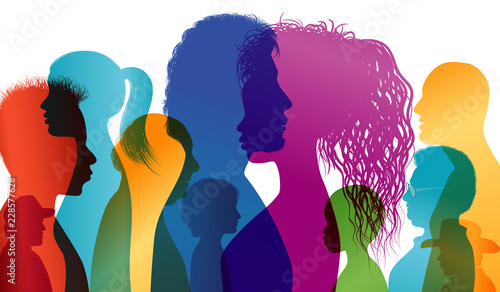 Silhouette profiles of multiracial people. Intercontinental dialogue. Group of people of different ages and nationalities. Multiple exposure vector