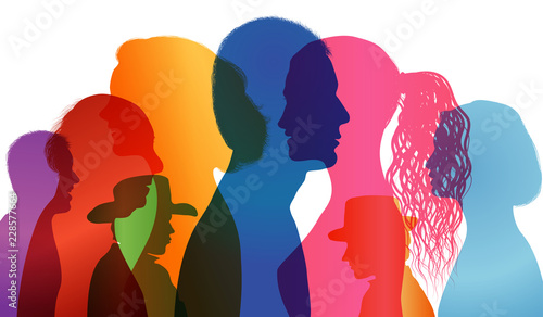 Talking crowd. Dialogue between people. People talking. Colored silhouette profiles. Multiple exposure vector