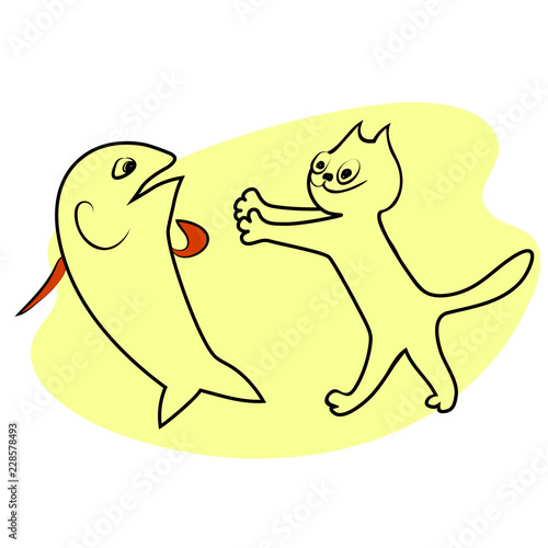 Cat smiles and wants to hug the shocked fish. Vector color hand drawing sketch illustration.