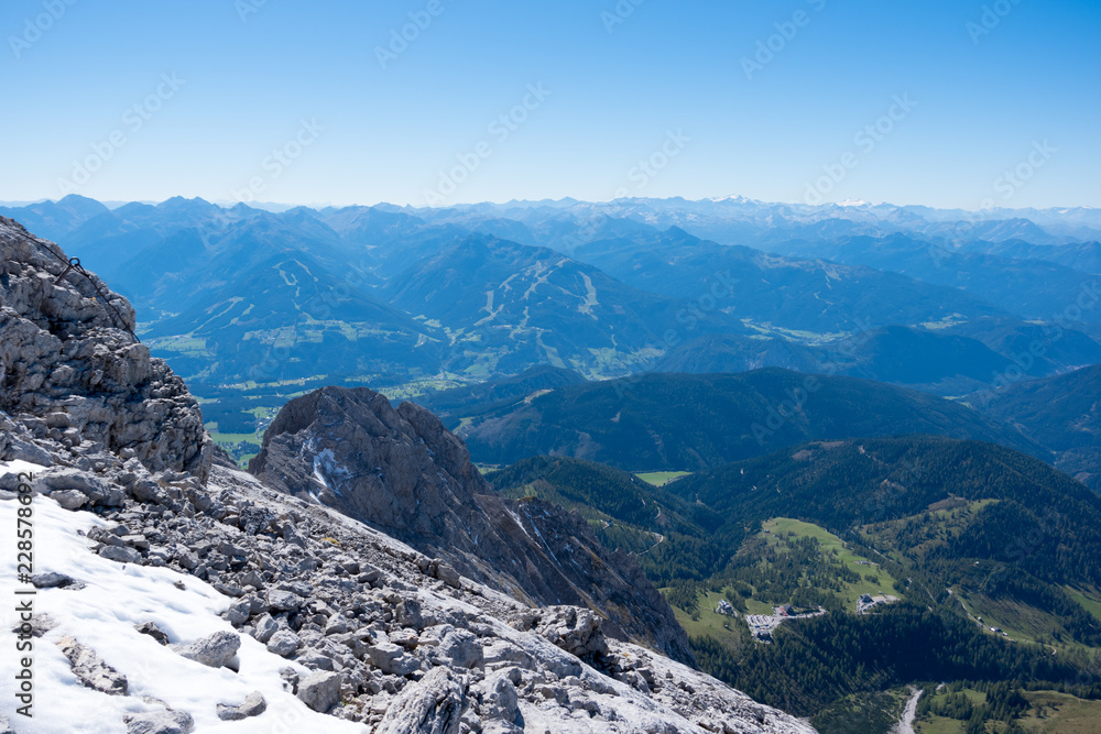 View of green land below Dachstain, Schladming, Austria