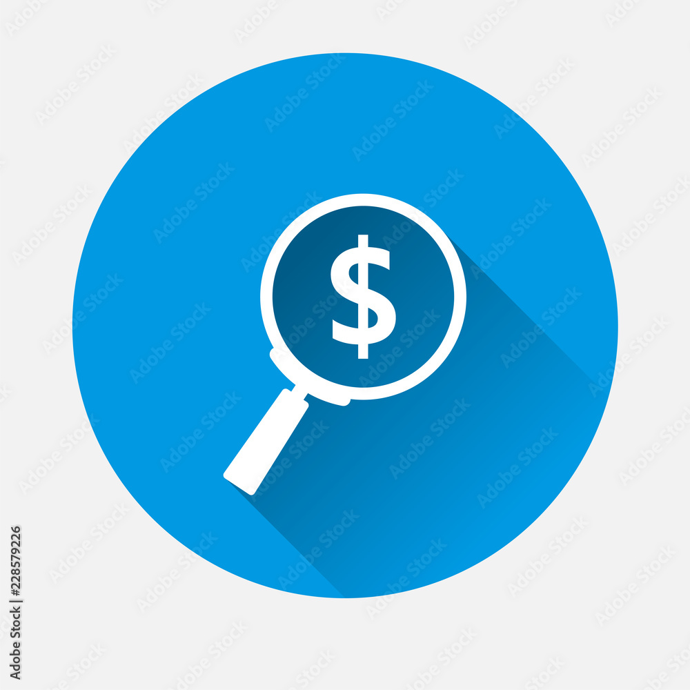 Vector Searching magnifier glass dollar icon on blue background. Flat image Money with long shadow. Layers grouped for easy editing illustration. For your design. Vector Searching magnifier glass dollar icon on blue background. Flat image Money with long shadow. Layers grouped for easy editing illustration. For your design.