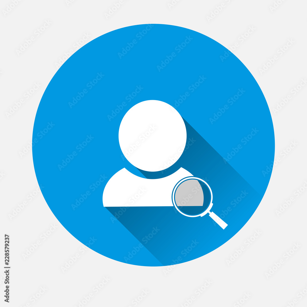 Vector Search icon glass magnifier and avatar icon on blue background. Flat image Search for user with long shadow. Layers grouped for easy editing illustration. For your design. Vector Search icon glass magnifier and avatar icon on blue background. Flat image Search for user with long shadow. Layers grouped for easy editing illustration. For your design.