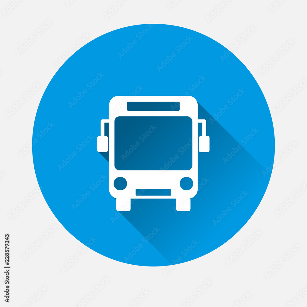 Vector bus to transport people icon on blue background. Flat image bus with long shadow. Layers grouped for easy editing illustration. For your design. Vector bus to transport people icon on blue background. Flat image bus with long shadow. Layers grouped for easy editing illustration. For your design.