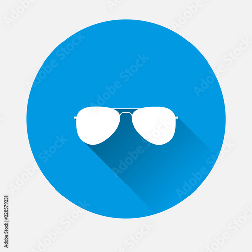 Vector Aviators glasses icon on blue background. Flat image Sunglasses protect from the sun with long shadow. Layers grouped for easy editing illustration. For your design.