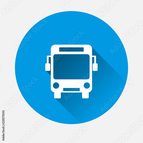 Vector  bus to transport people icon on blue background. Flat image bus with long shadow. Layers grouped for easy editing illustration. For your design.