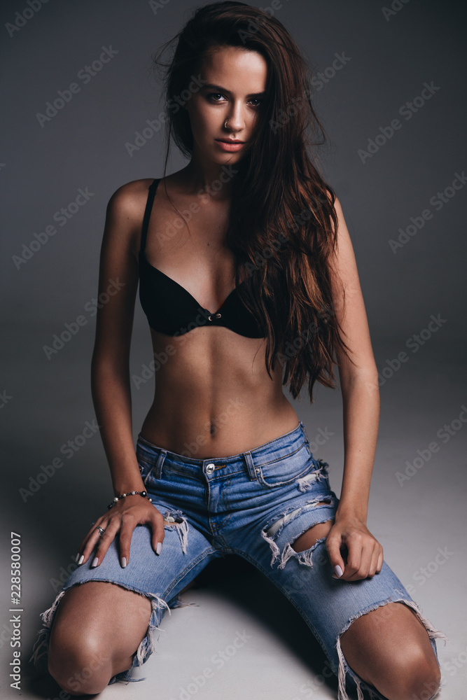Fashion model, model in a black bra, beautiful girl, girl with a long hair  Stock Photo
