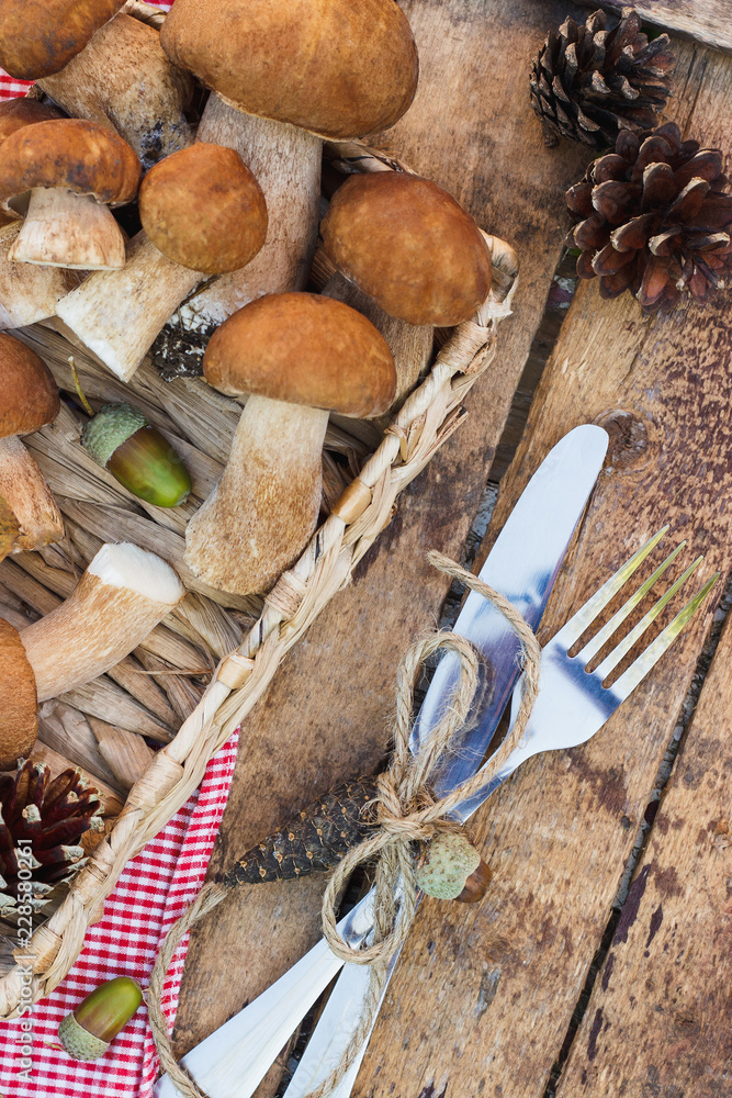 Raw white mushrooms, pine cones with dry decorations on the wooden table Raw white mushrooms, pine cones with dry decorations on the wooden table