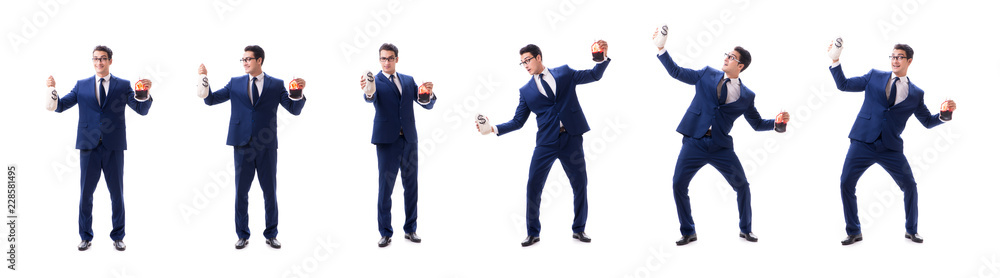 Businessman with blood bag isolated on white Businessman with blood bag isolated on white