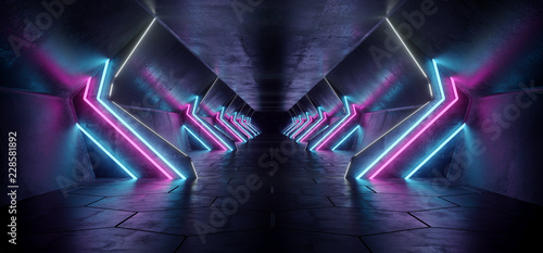 Dark Modern Futuristic Alien Reflective Concrete Corridor Tunnel Empty Room With Purple And Blue Neon Glowing Lights Background 3D Rendering