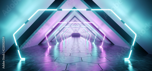 Fototapeta Naklejka Na Ścianę i Meble -  Modern Futuristic Alien Reflective Concrete Corridor Tunnel Empty Room With Purple And Blue Neon Glowing Lights Background Hexagon Floor 3D Rendering