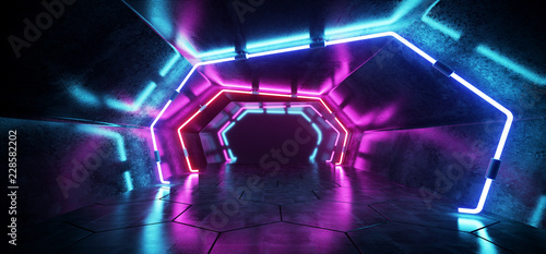 Fototapeta Naklejka Na Ścianę i Meble -  Bright Modern Futuristic Alien Reflective Concrete Corridor Tunnel Empty Room With Purple And Blue Neon Glowing Lights Hexagon Floor Background 3D Rendering