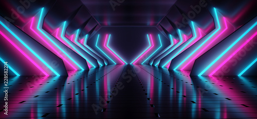 Fototapeta Naklejka Na Ścianę i Meble -  Dark Modern Futuristic Alien Reflective Concrete Corridor Tunnel Empty Room With Purple And Blue Neon Glowing Lights Background 3D Rendering