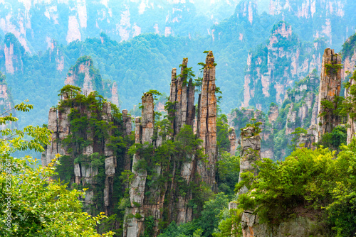 Sandstone mountains viewed from the trail from the 10 Mile Natural Gallery to Tianzi Mountain. Wulingyuan Scenic Area, Zhangjiajie, Hunan, China.