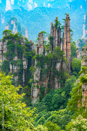 Sandstone mountains viewed from the trail from the 10 Mile Natural Gallery to Tianzi Mountain. Wulingyuan Scenic Area, Zhangjiajie, Hunan, China. photo