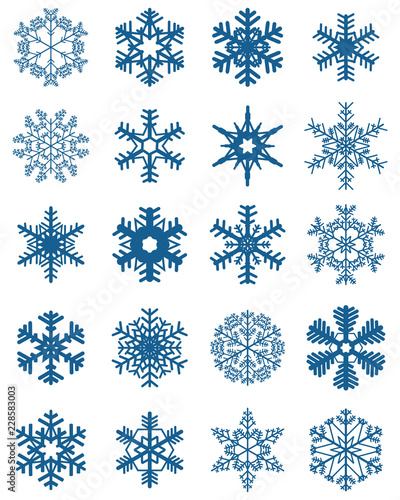 Set of different blue  snowflakes on a white background