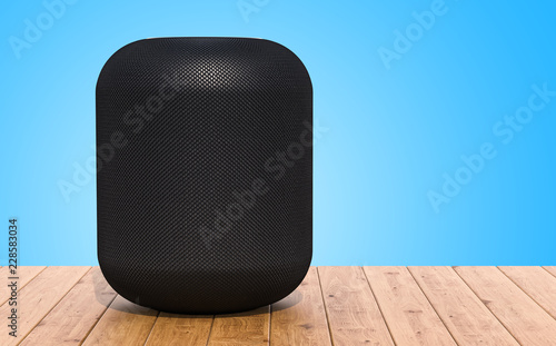 Smart speaker on the wooden table, 3D rendering photo