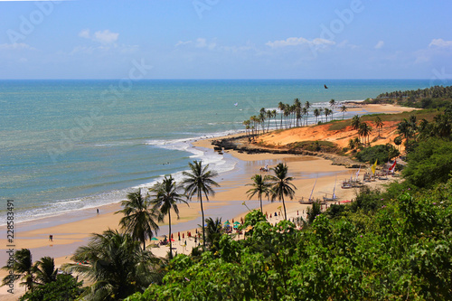 View of Lagoinha Beach from above: palm trees, rocks, boats, wet sand, people, red sand hill
