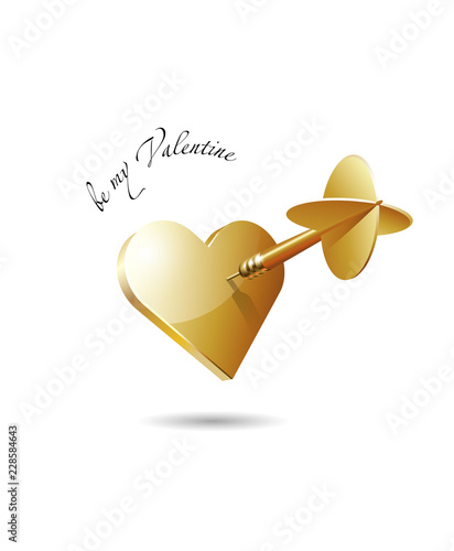 Be my Valentine. The realistic golden dart hits the center of a golden heart. Vector illustration.