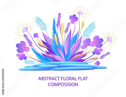 Abstract floral flat composition with plants and  stones in lilac blue on white  or  ikebana  for greeting  card or for wallpaper or for banner  flyer book covers or website 