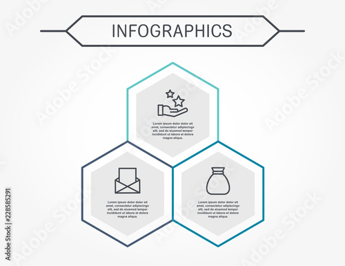 Modern vector illustration 3D. Infographic template with three hexagon elements. Designed for business, presentations, web design, diagrams with 3 steps for workflow layout, annual report