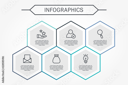 Modern vector illustration 3D. Infographic template with six hexagon elements. Designed for business, presentations, web design, diagrams with 6 steps for workflow layout, annual report