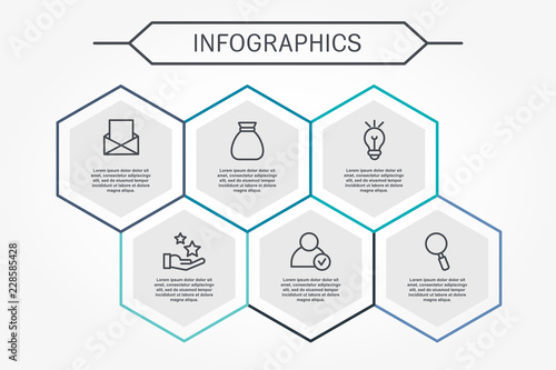 Modern vector illustration 3D. Infographic template with six hexagon elements. Designed for business, presentations, web design, diagrams with 6 steps for workflow layout, annual report
