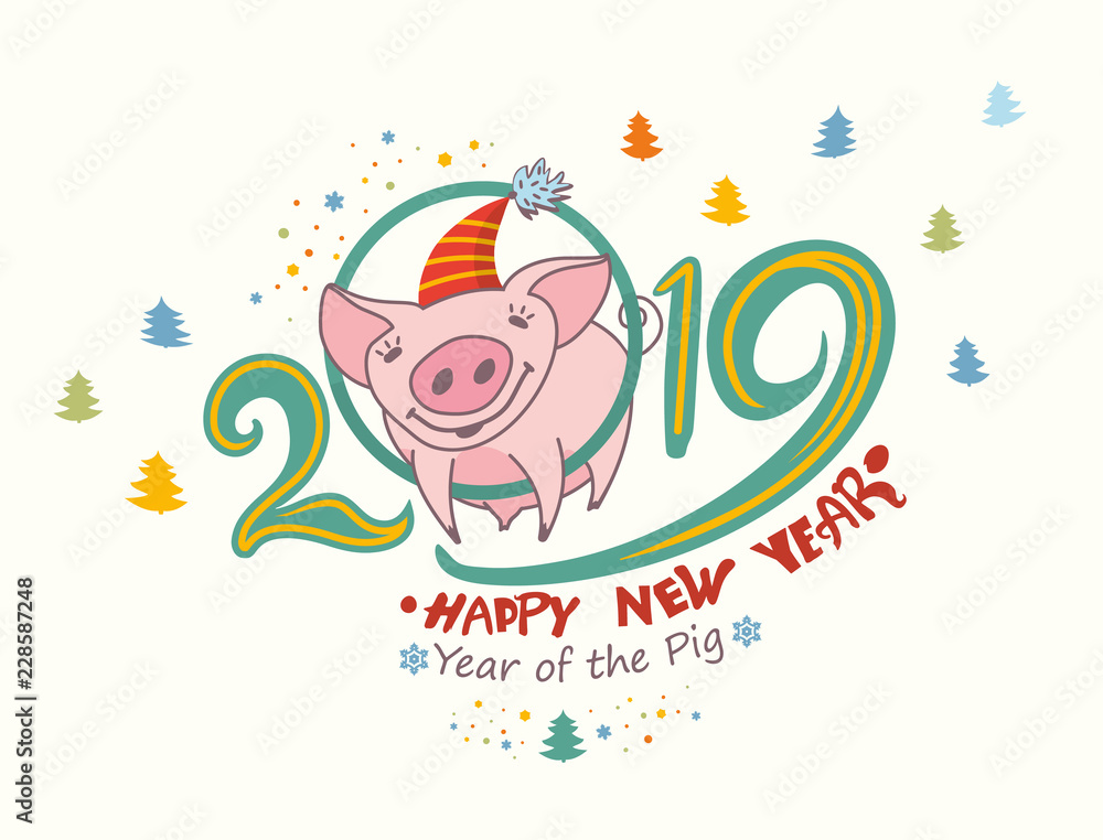 Cute greeting card with a pretty pig in the circle of numbers 2019. Christmas decor small christmas trees and confetti. Happy New Year! Vector New Year's design.
Cute greeting card with a pretty pig in the circle of numbers 2019. Christmas decor small christmas trees and confetti. Happy New Year! Vector New Year's design.