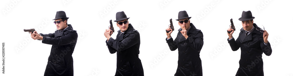 Man spy with handgun isolated on white background Man spy with handgun isolated on white background