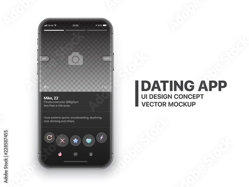 Mobile Dating App Tinder UI and UX Alternative Trendy Concept Vector Mockup in Black Color Theme on Frameless Smart Phone Screen Isolated on White Background. Social Network Tinder Design Template photo