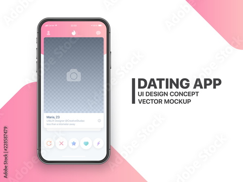 Mobile Dating App Tinder UI and UX Alternative Trendy Concept Vector Mockup in Light Color Theme on Frameless Smart Phone Screen Isolated on White Background. Social Network Design Template photo