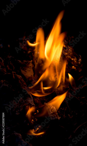 Hot fire flames in the dark. majestic fire at night. a special place on the stone. concept of ecology and use of fire outdoors in travel. used as background