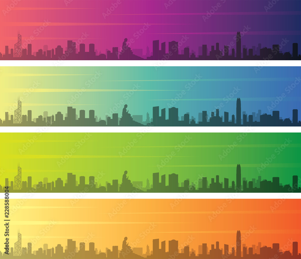 Hong Kong Multiple Color Gradient Skyline Banner