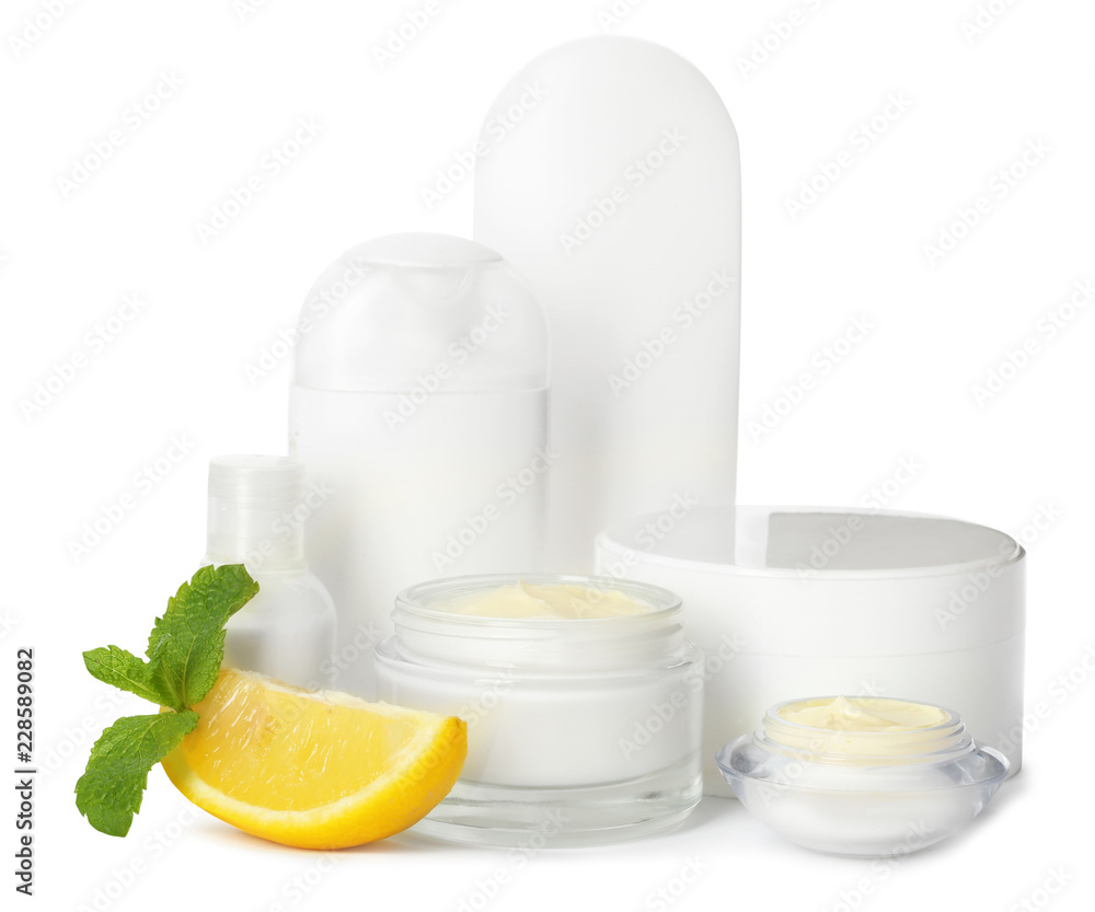 Jars with cream and bottles on white background. Hand care cosmetics Jars with cream and bottles on white background. Hand care cosmetics