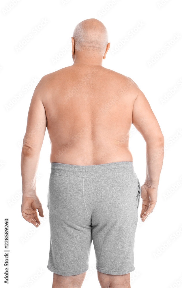 Fat senior man on white background. Weight loss
