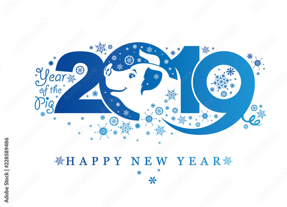 Pig 2019. Blue pattern with snowflakes. Happy New Year! Vector template New Year's design on the Chinese calendar.  - obrazy, fototapety, plakaty 