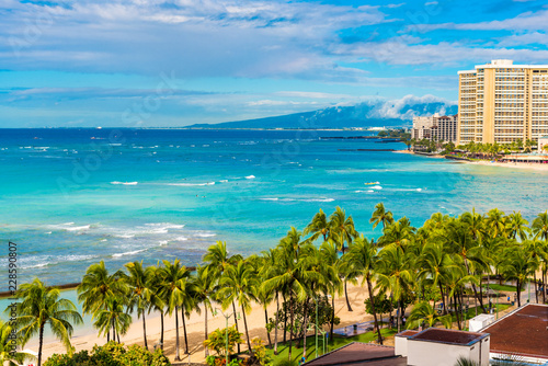 View of the Waikiki beach in Honolulu, Hawaii. Copy space for text.
