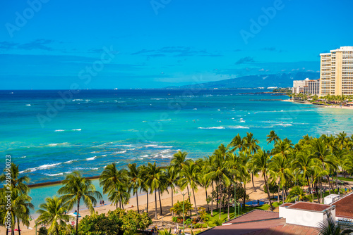View of the Waikiki beach in Honolulu, Hawaii. Copy space for text. photo