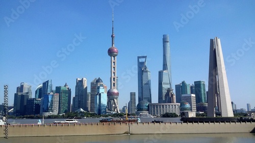 Shanghai, China city skyline on the Huangpu River.