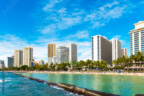 View of the Waikiki beach in Honolulu, Hawaii. Copy space for text.