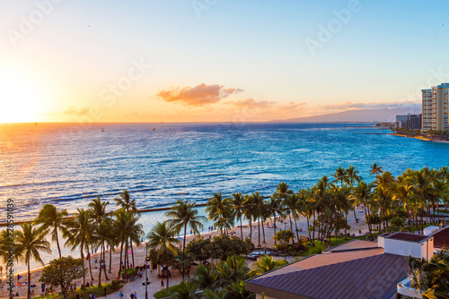 View of the Waikiki beach at sunset, Honolulu, Hawaii. Copy space for text.